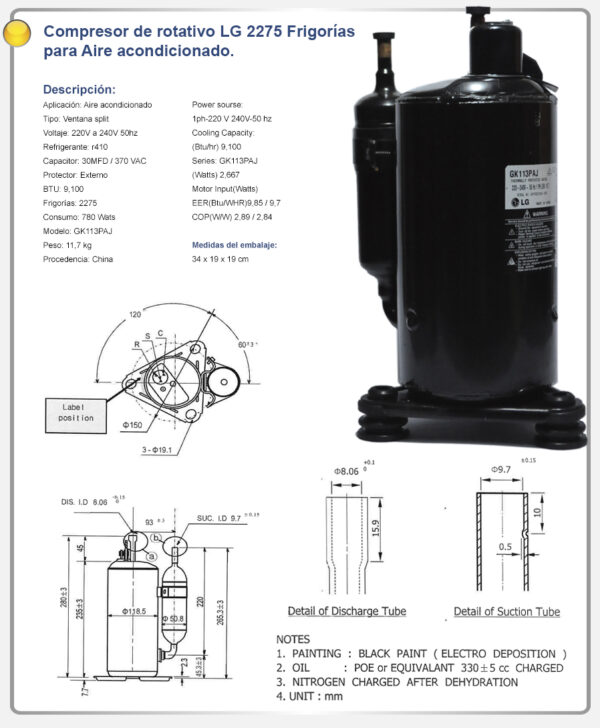 Compresor de rotativo LG 2275 Frigorías - Imagen 2